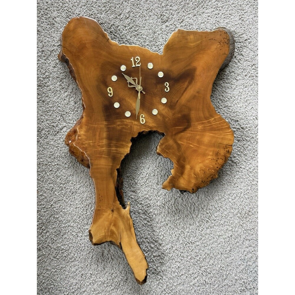 Vintage Burl Wood Wall Clock Live Edge Slab Lacquer Handmade Large 27”